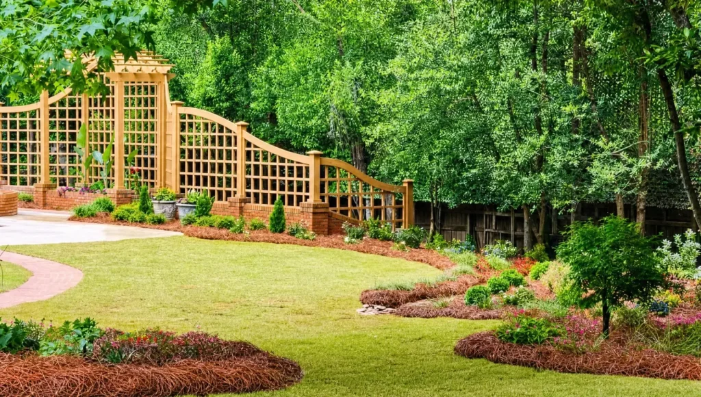 Backyard landscape design and installation by Premium Petals Landscape with a cedar lattice trellis on a brick base, curved paver walkway, manicured lawn, and pine-straw flower beds in Dothan, AL
